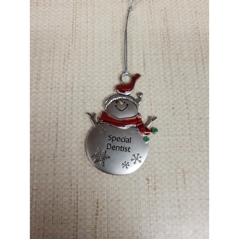Special Dentist Snowman Metal Ornament Christmas Red Scarf Bird